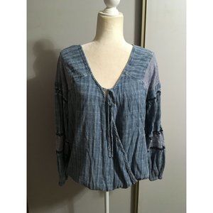 Knox Rose Blue Large Eyelet Faux Wrap Boho Peasant Lagenlook Top